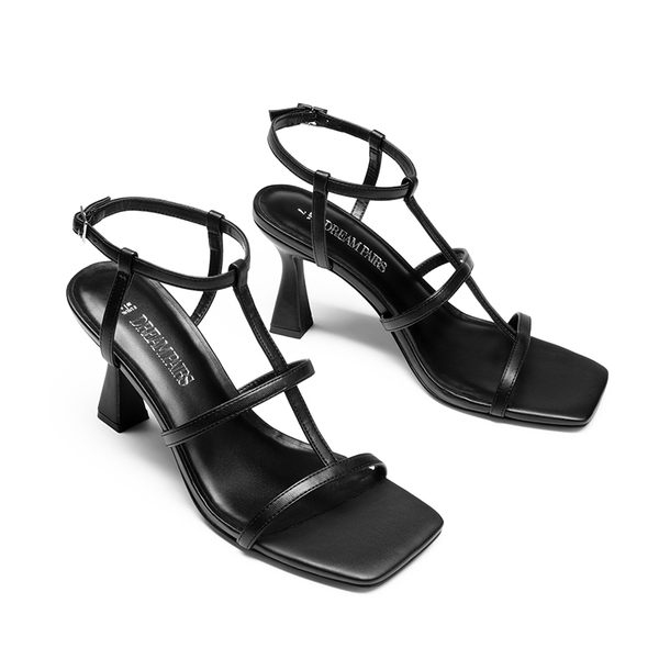 T-strap Square Toe Heel Sandals - BLACK - 4
